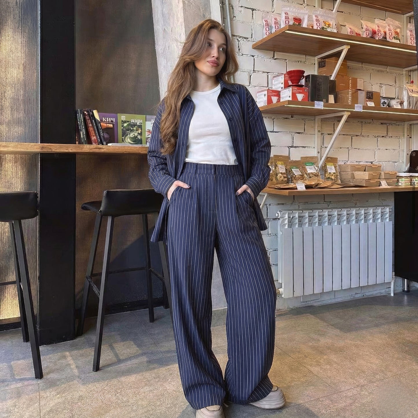 Striped Relaxed Fit Set – Oversized Shirt & Wide Leg Pants