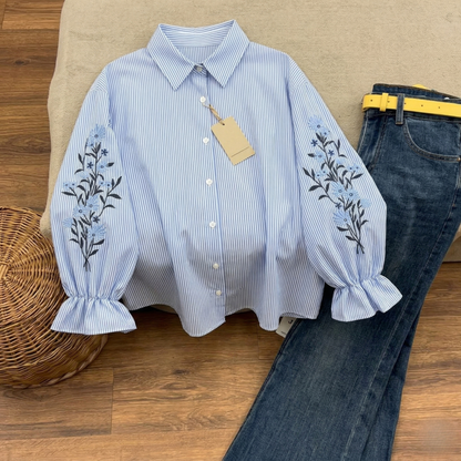 Embroidered Striped Oversized Shirt – Casual Chic Essential