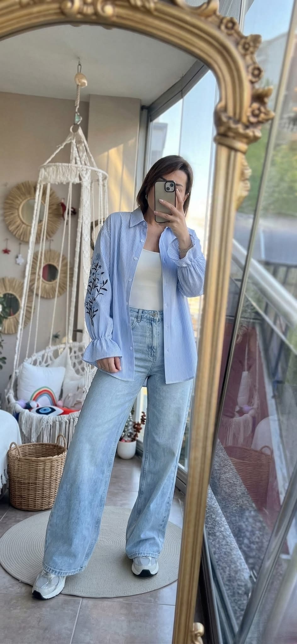 Embroidered Striped Oversized Shirt – Casual Chic Essential