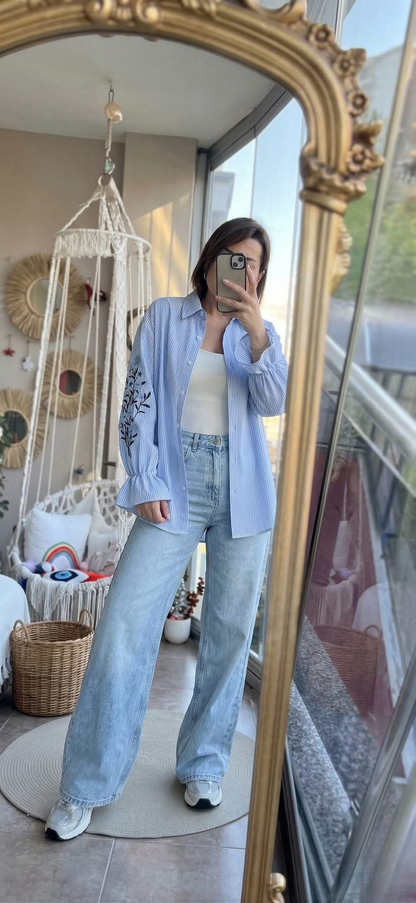 Embroidered Striped Oversized Shirt – Casual Chic Essential
